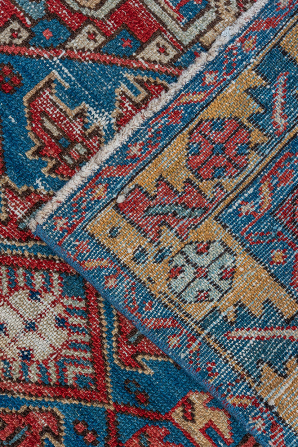 3' x 4' one-of-a-kind handmade vintage Heriz small size rug. Color palette: sky blue, ivory, crimson, navy, coral, taupe