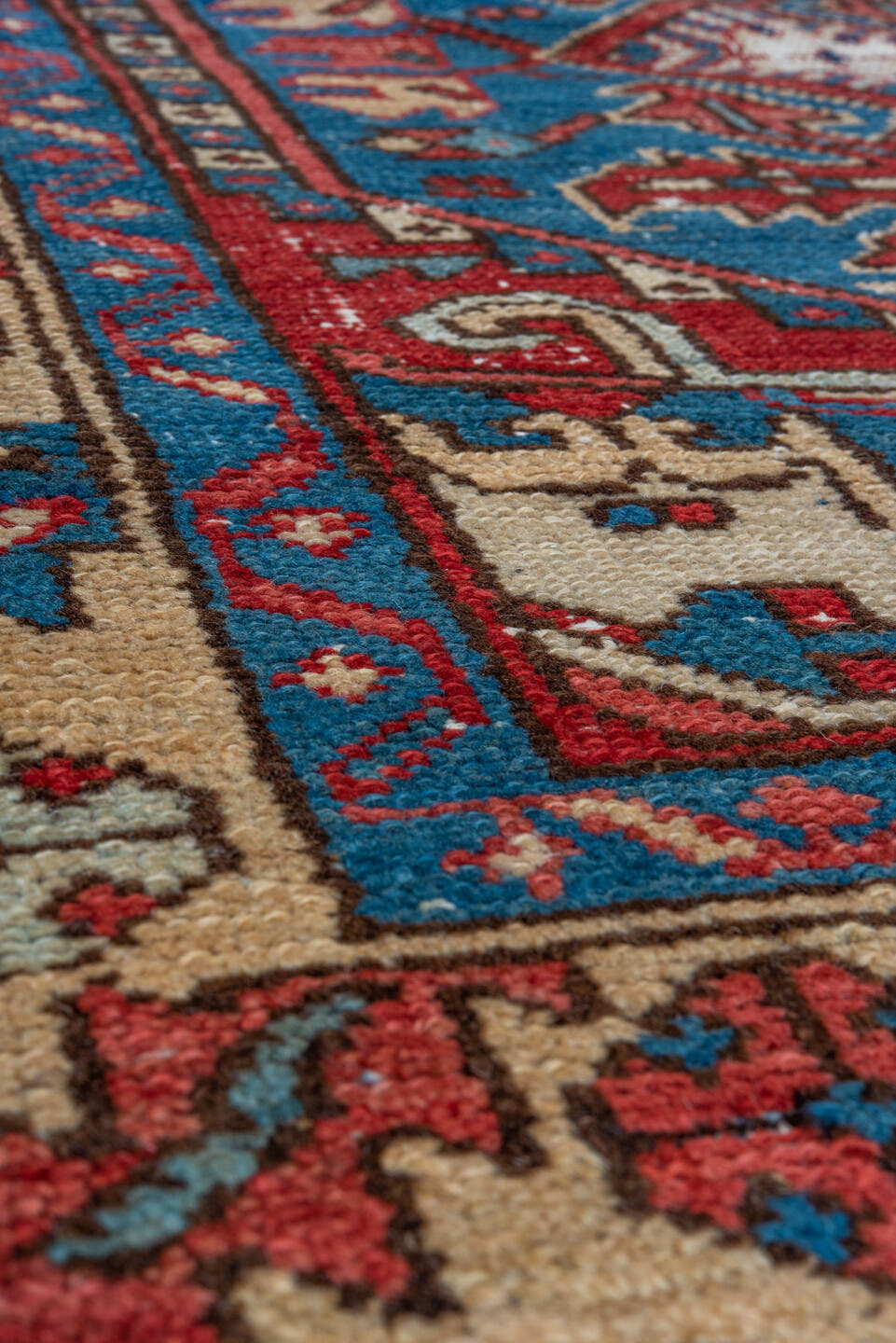 3' x 4' one-of-a-kind handmade vintage Heriz small size rug. Color palette: sky blue, ivory, crimson, navy, coral, taupe
