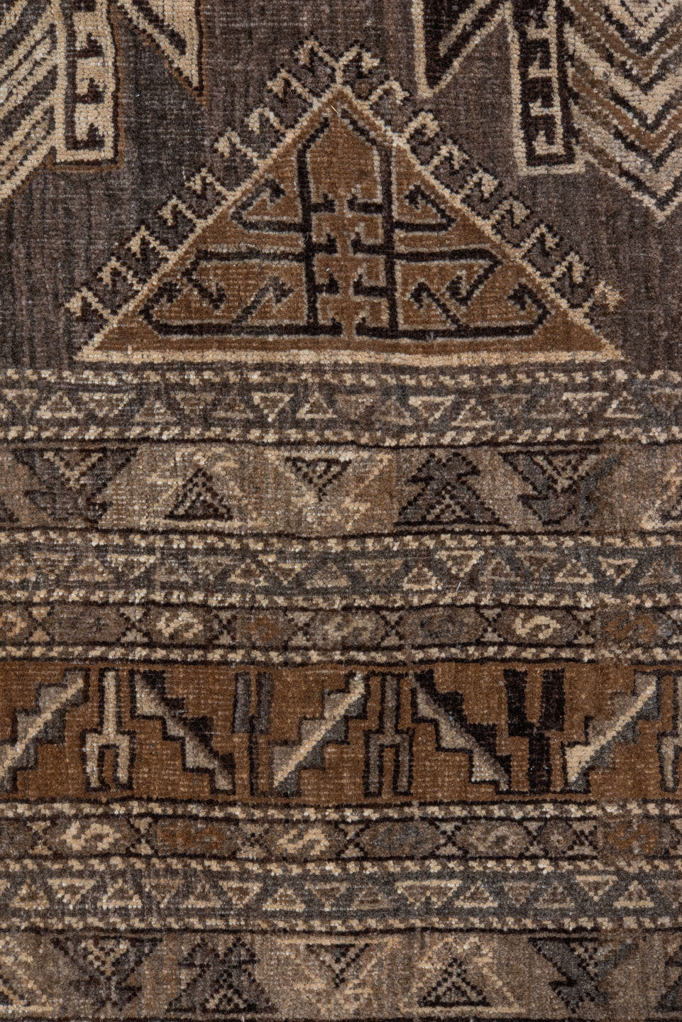 7' x 9' one-of-a-kind handmade vintage Afghan rug. Color palette: taupe, brown, ivory, charcoal, camel, beige, gray, black