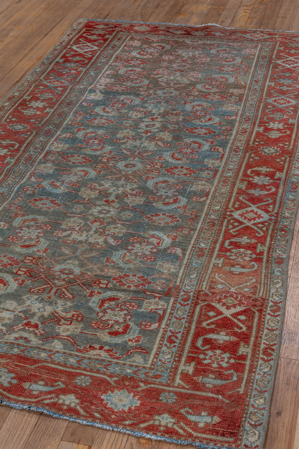 3' x 6' one-of-a-kind handmade vintage Malayer small size rug. Color palette: sky blue, rust, ivory, slate, coral, taupe