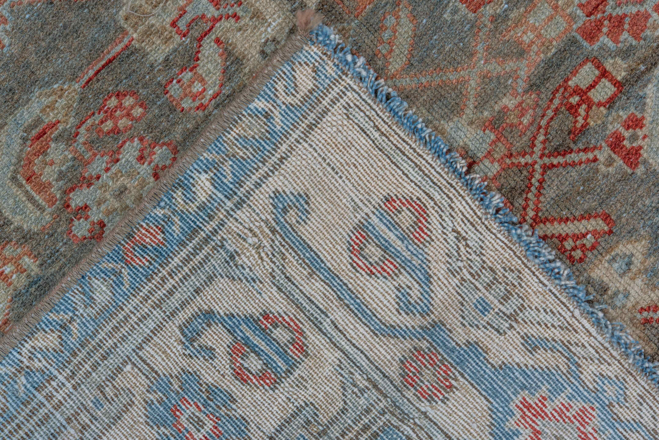 3' x 6' one-of-a-kind handmade vintage Malayer small size rug. Color palette: sky blue, rust, ivory, slate, coral, taupe