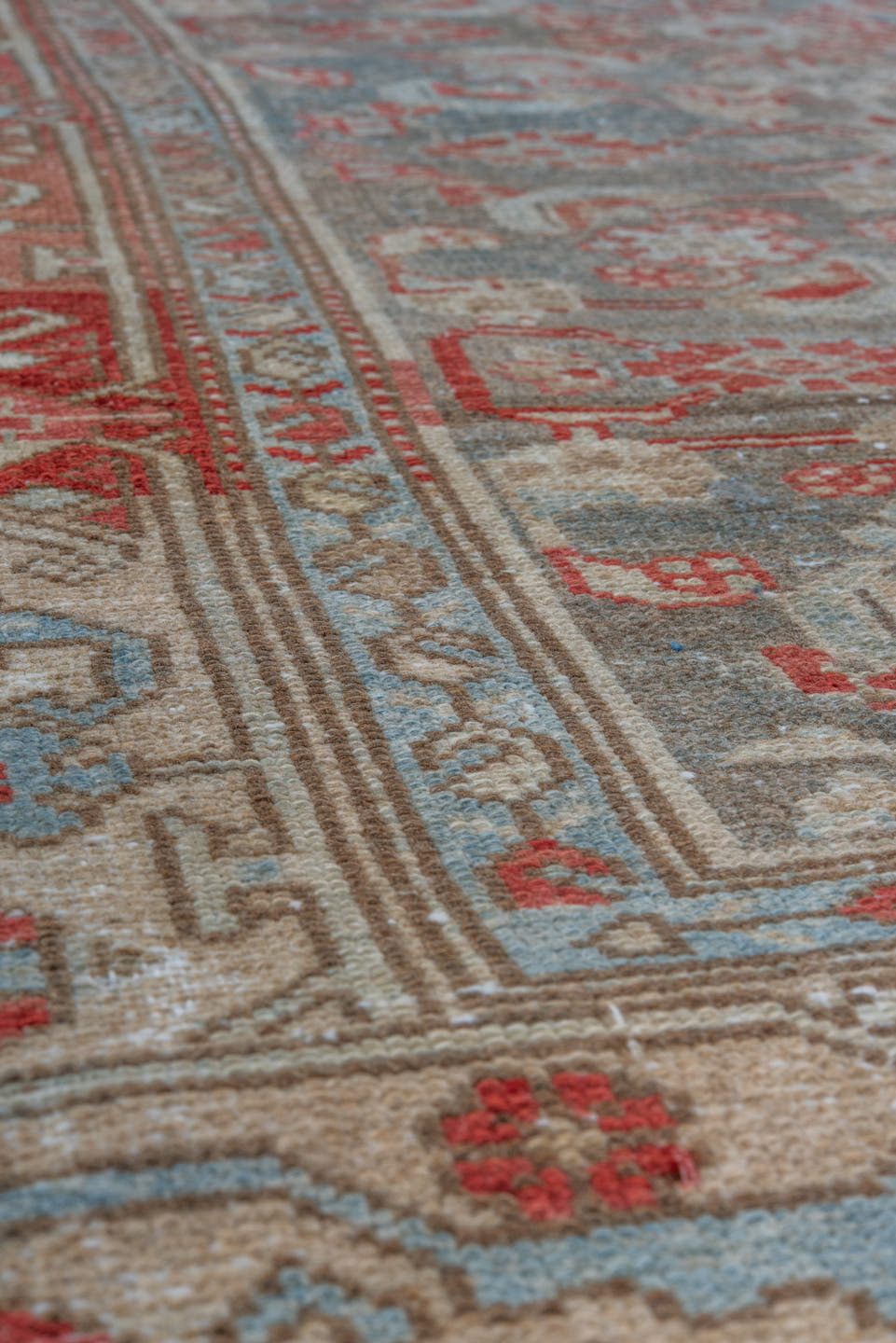 3' x 6' one-of-a-kind handmade vintage Malayer small size rug. Color palette: sky blue, rust, ivory, slate, coral, taupe
