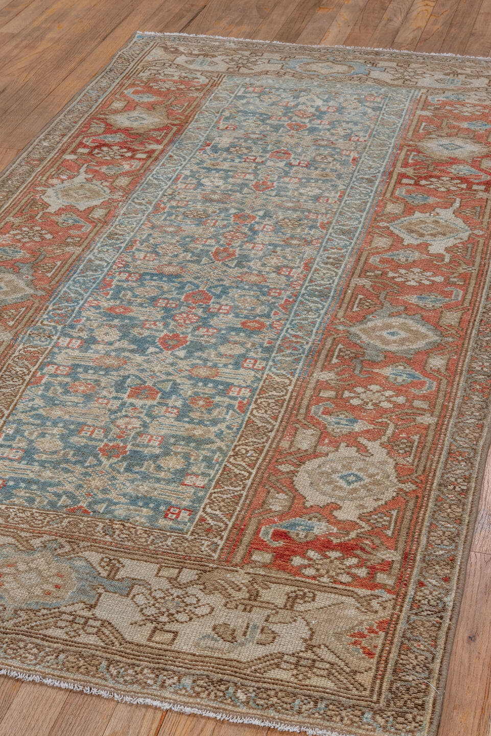 3' x 6' one-of-a-kind handmade vintage Malayer small size rug. Color palette: sky blue, ivory, rust, tan, camel, soft red