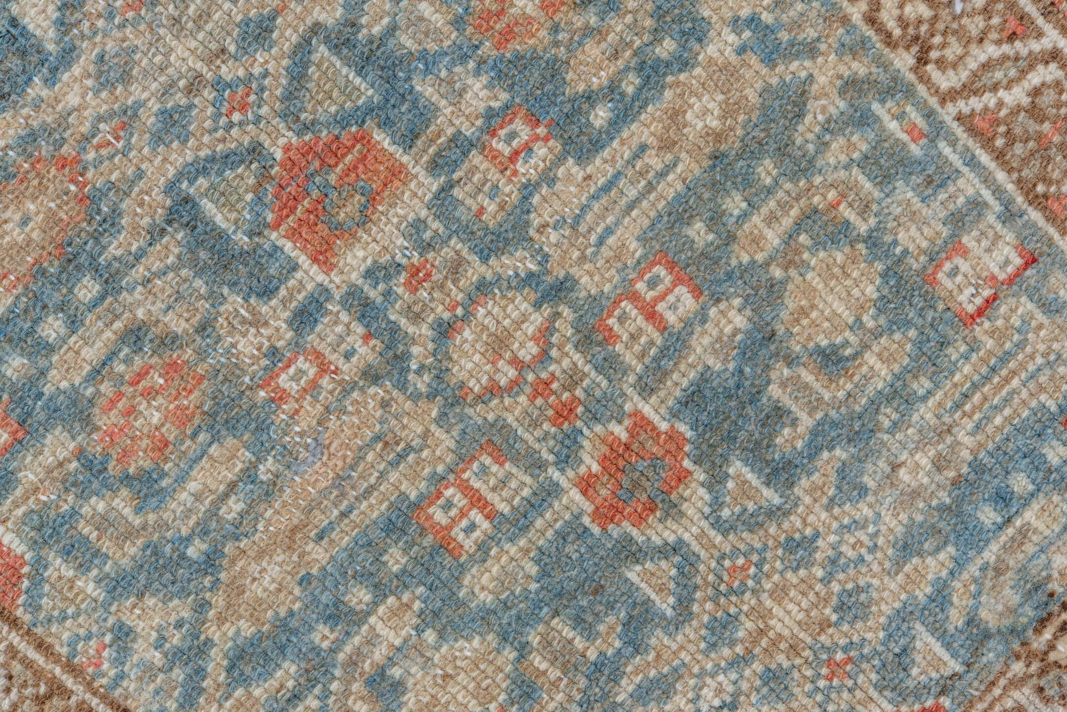 3' x 6' one-of-a-kind handmade vintage Malayer small size rug. Color palette: sky blue, ivory, rust, tan, camel, soft red