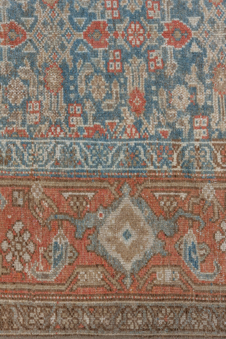3' x 6' one-of-a-kind handmade vintage Malayer small size rug. Color palette: sky blue, ivory, rust, tan, camel, soft red