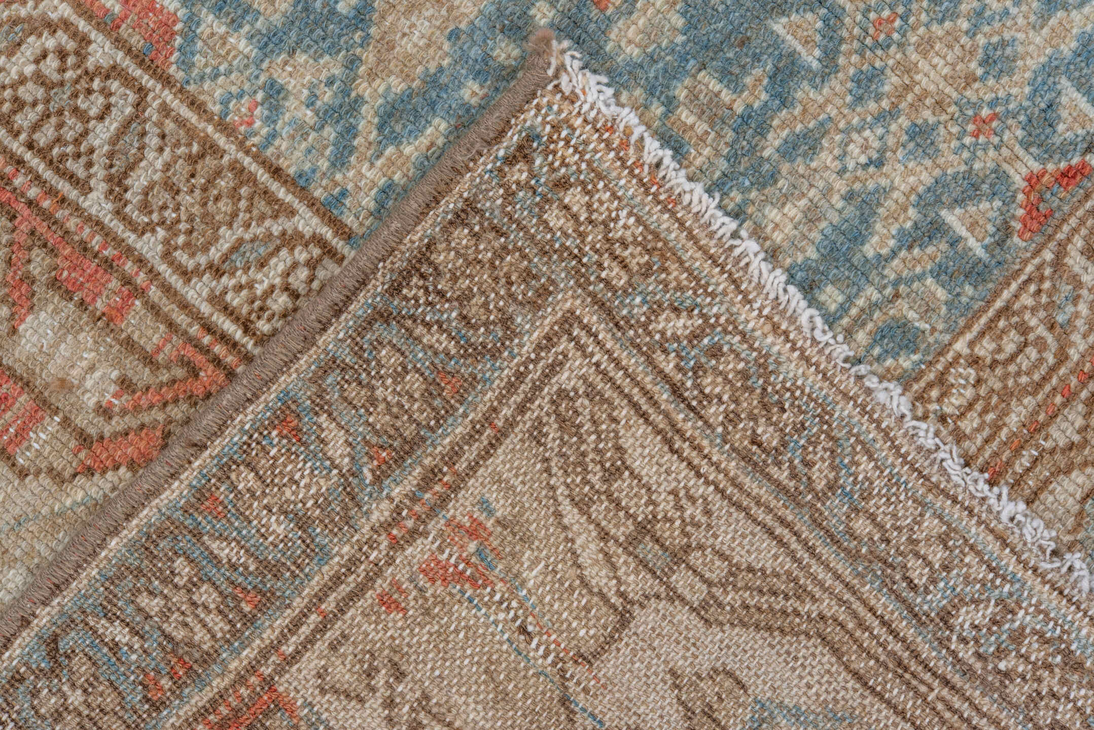 3' x 6' one-of-a-kind handmade vintage Malayer small size rug. Color palette: sky blue, ivory, rust, tan, camel, soft red