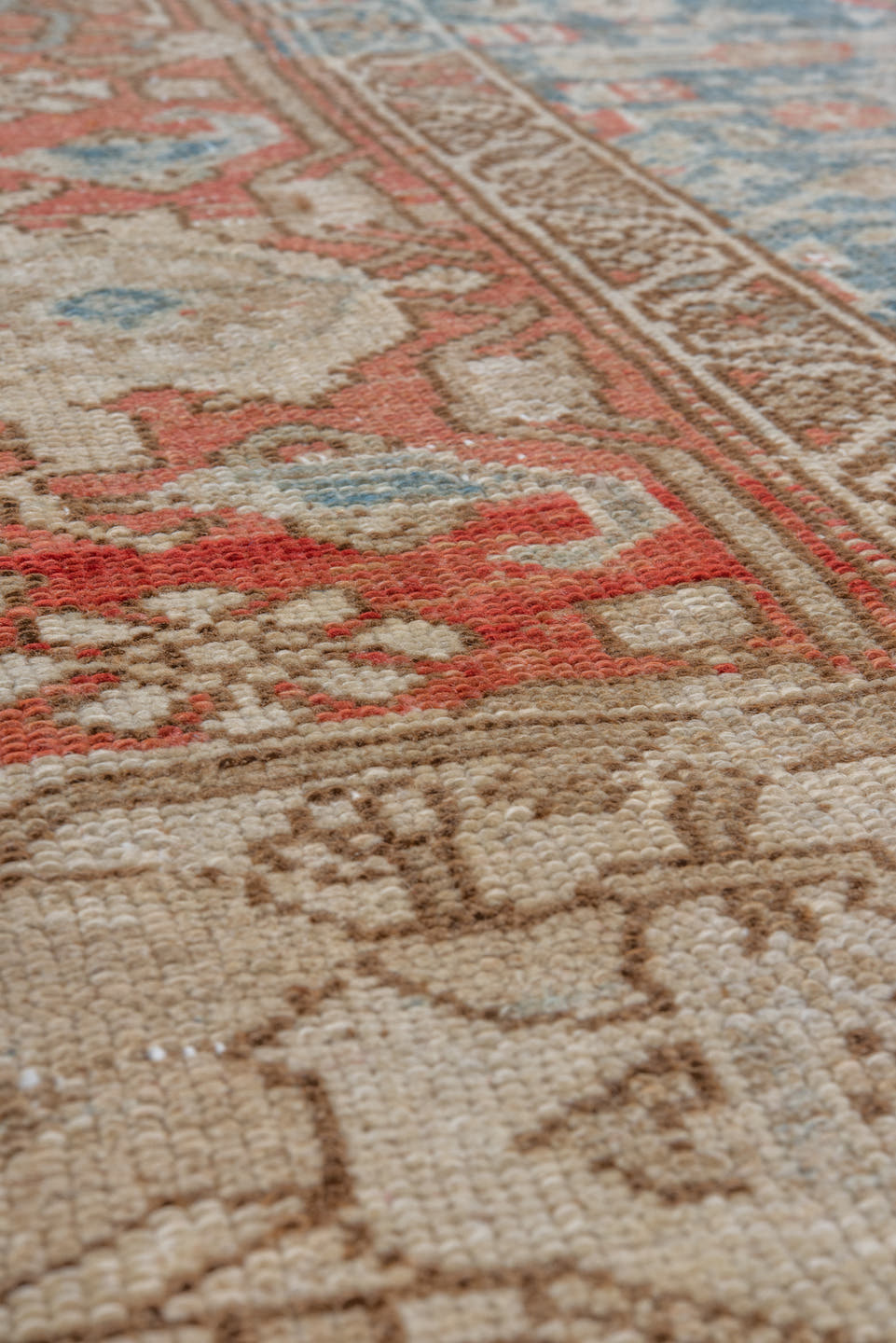 3' x 6' one-of-a-kind handmade vintage Malayer small size rug. Color palette: sky blue, ivory, rust, tan, camel, soft red