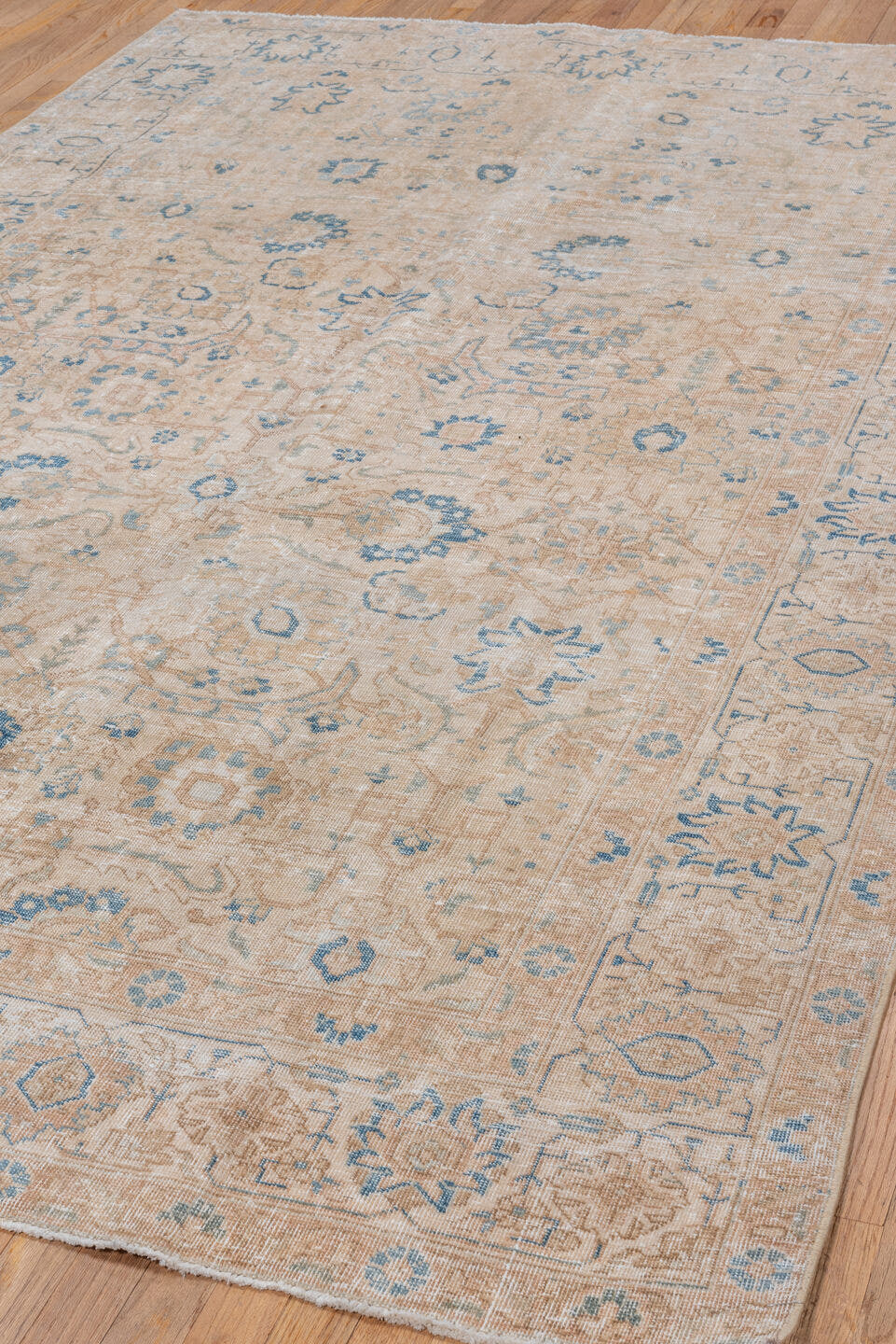 6' x 9' one-of-a-kind handmade vintage Tabriz medium size rug. Color palette: beige, sky blue, ivory, taupe, camel