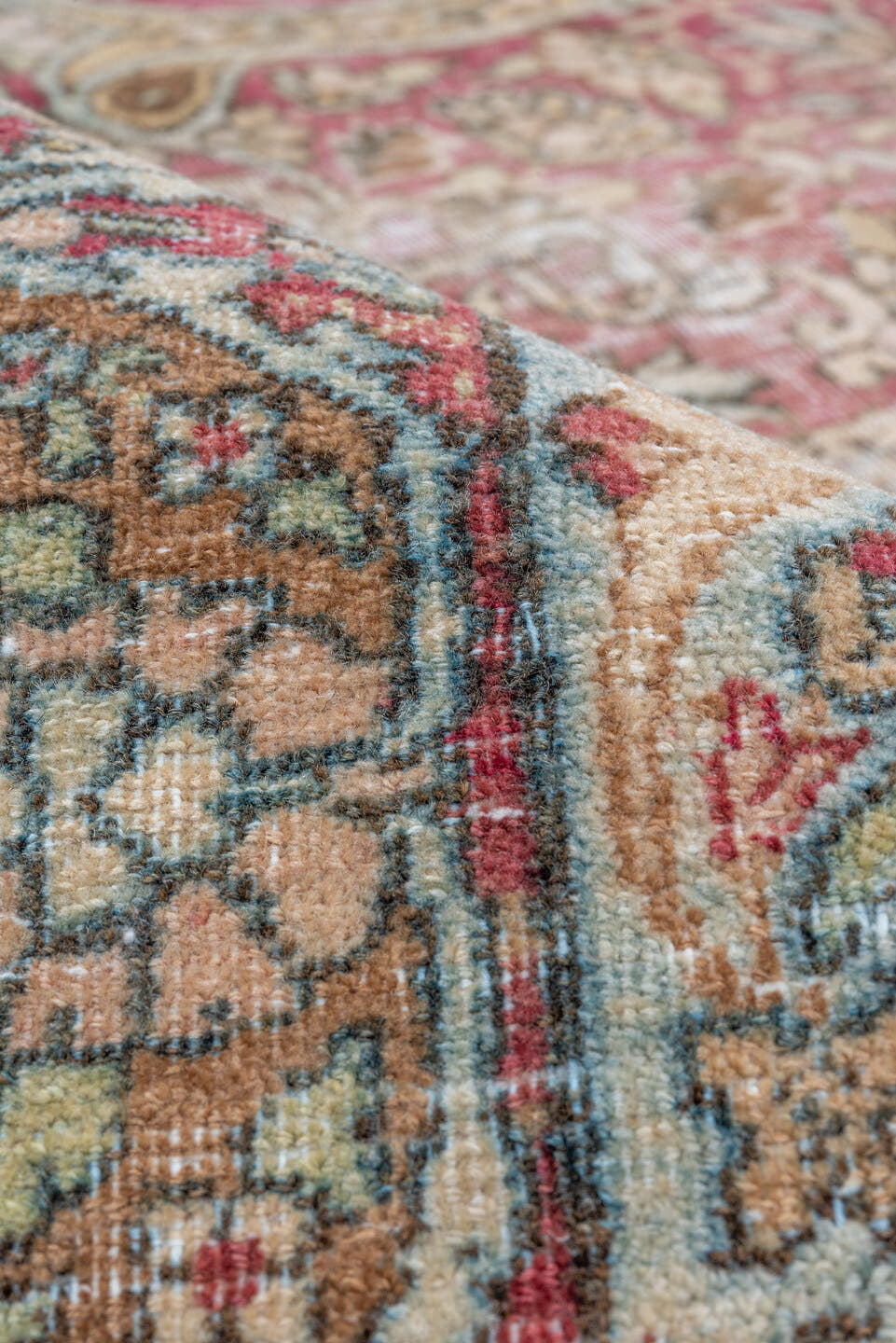 8' x 12' one-of-a-kind handmade vintage Lavar large size rug. Color palette: rose, ivory, burgundy, sky blue, beige, taupe