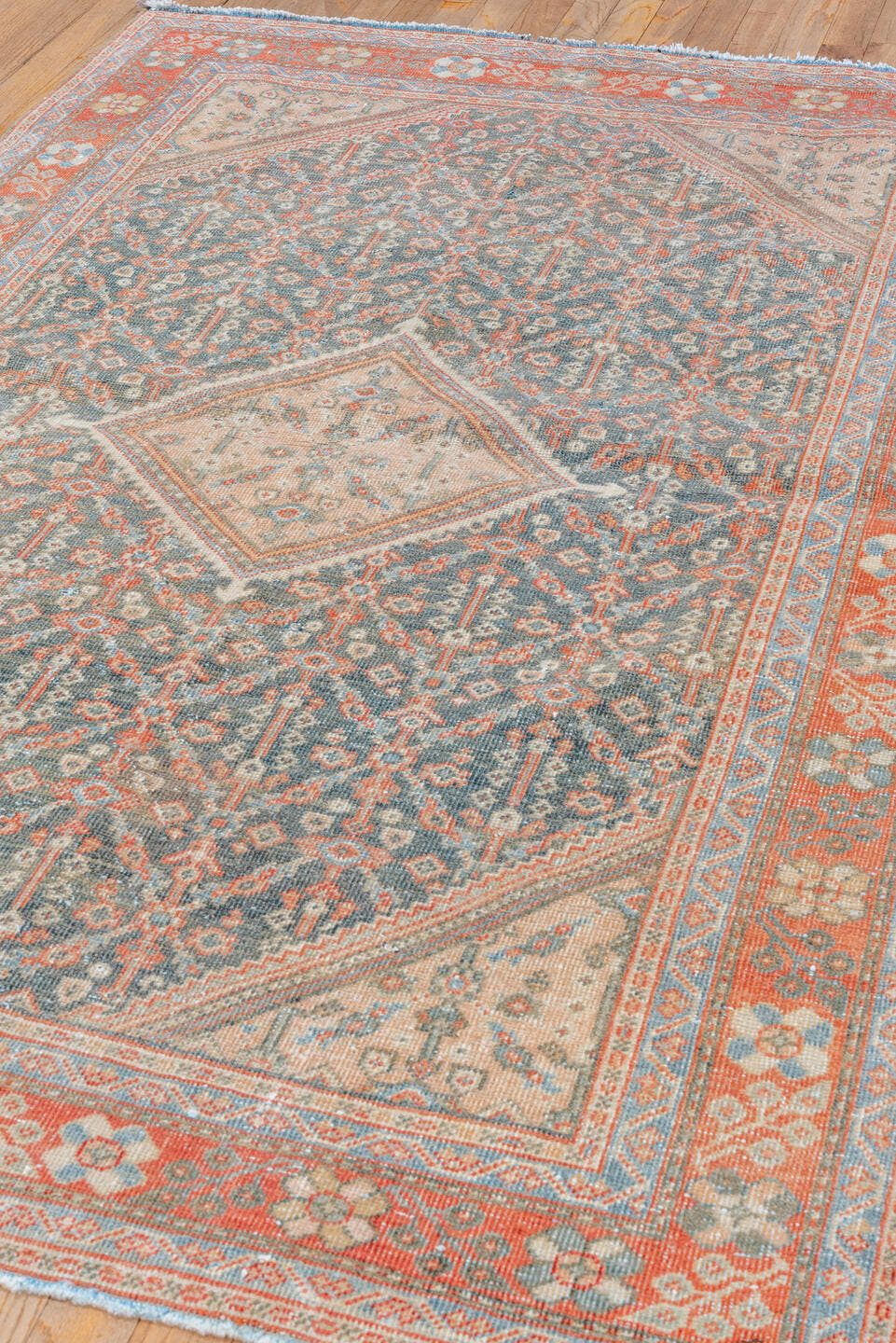 4' x 6' one-of-a-kind handmade vintage Mahal small size rug. Color palette: slate, coral, ivory, pale blue, gray, salmon