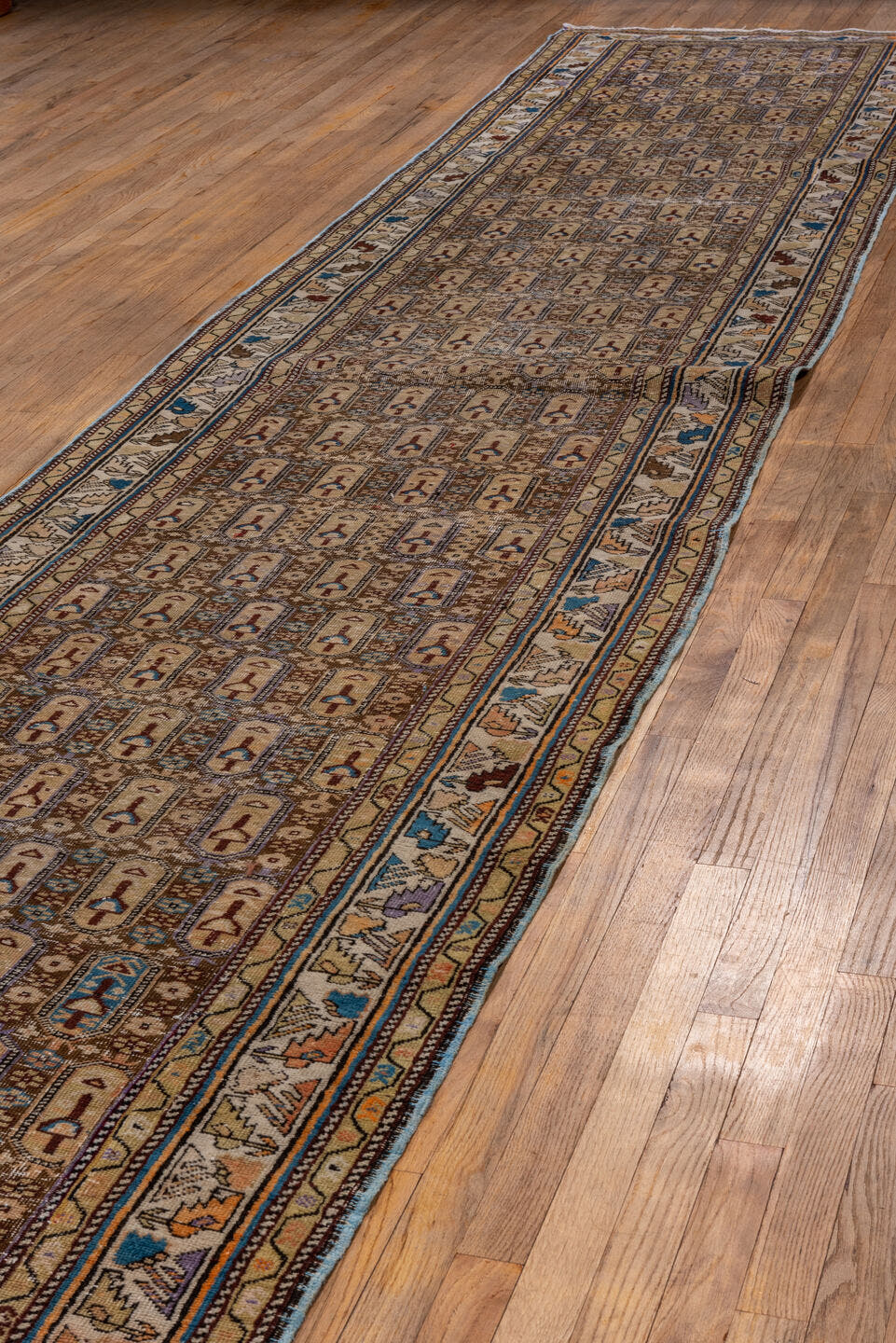 3' x 18' one-of-a-kind handmade vintage Shirvan runner rug. Color palette: ivory, camel, taupe, slate, rust, blue, brown