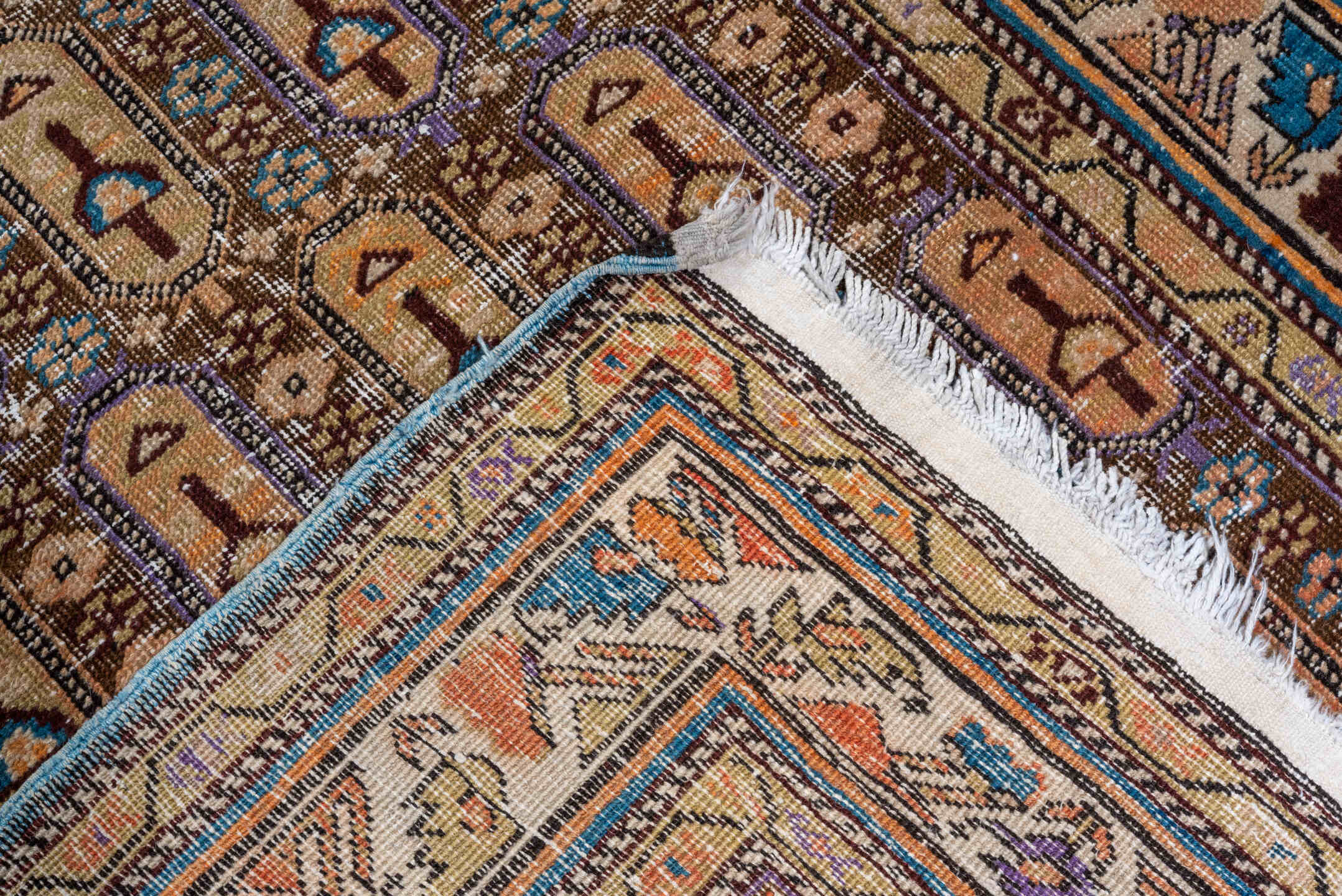 3' x 18' one-of-a-kind handmade vintage Shirvan runner rug. Color palette: ivory, camel, taupe, slate, rust, blue, brown