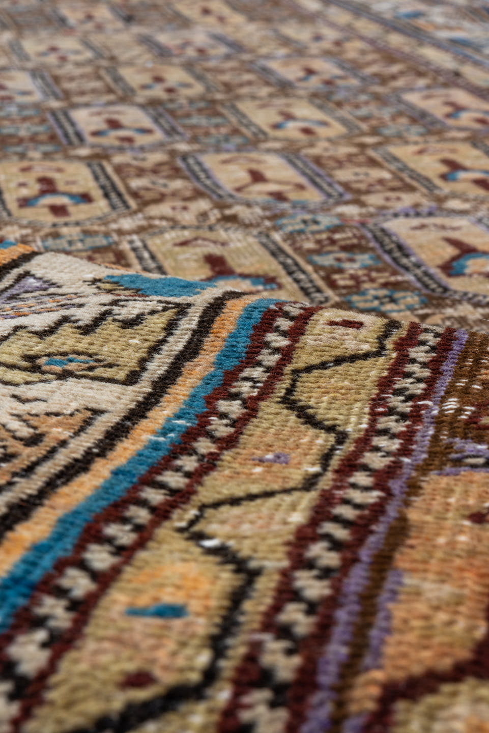 3' x 18' one-of-a-kind handmade vintage Shirvan runner rug. Color palette: ivory, camel, taupe, slate, rust, blue, brown