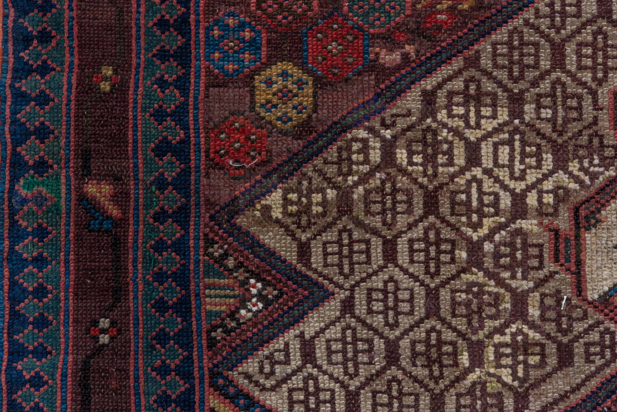 4' x 10' one-of-a-kind handmade vintage Cam Hamadan runner rug. Color palette: ivory, burgundy, navy, rust, brown, rose