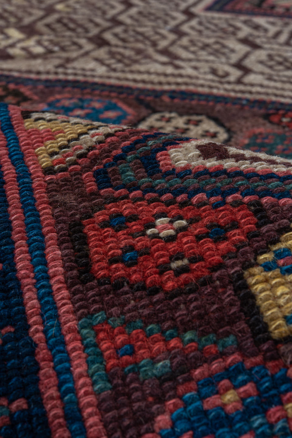 4' x 10' one-of-a-kind handmade vintage Cam Hamadan runner rug. Color palette: ivory, burgundy, navy, rust, brown, rose