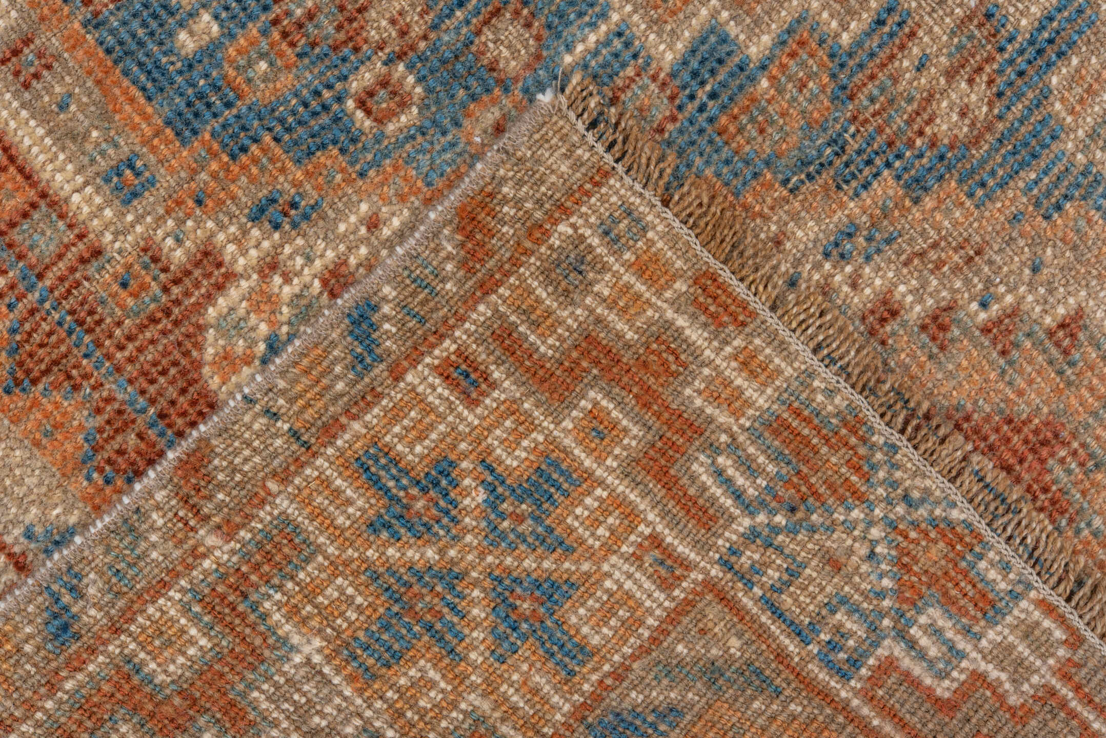 3' x 5' one-of-a-kind handmade vintage Shiraz small size rug. Color palette: terra cotta, ivory, sky blue, rust, beige