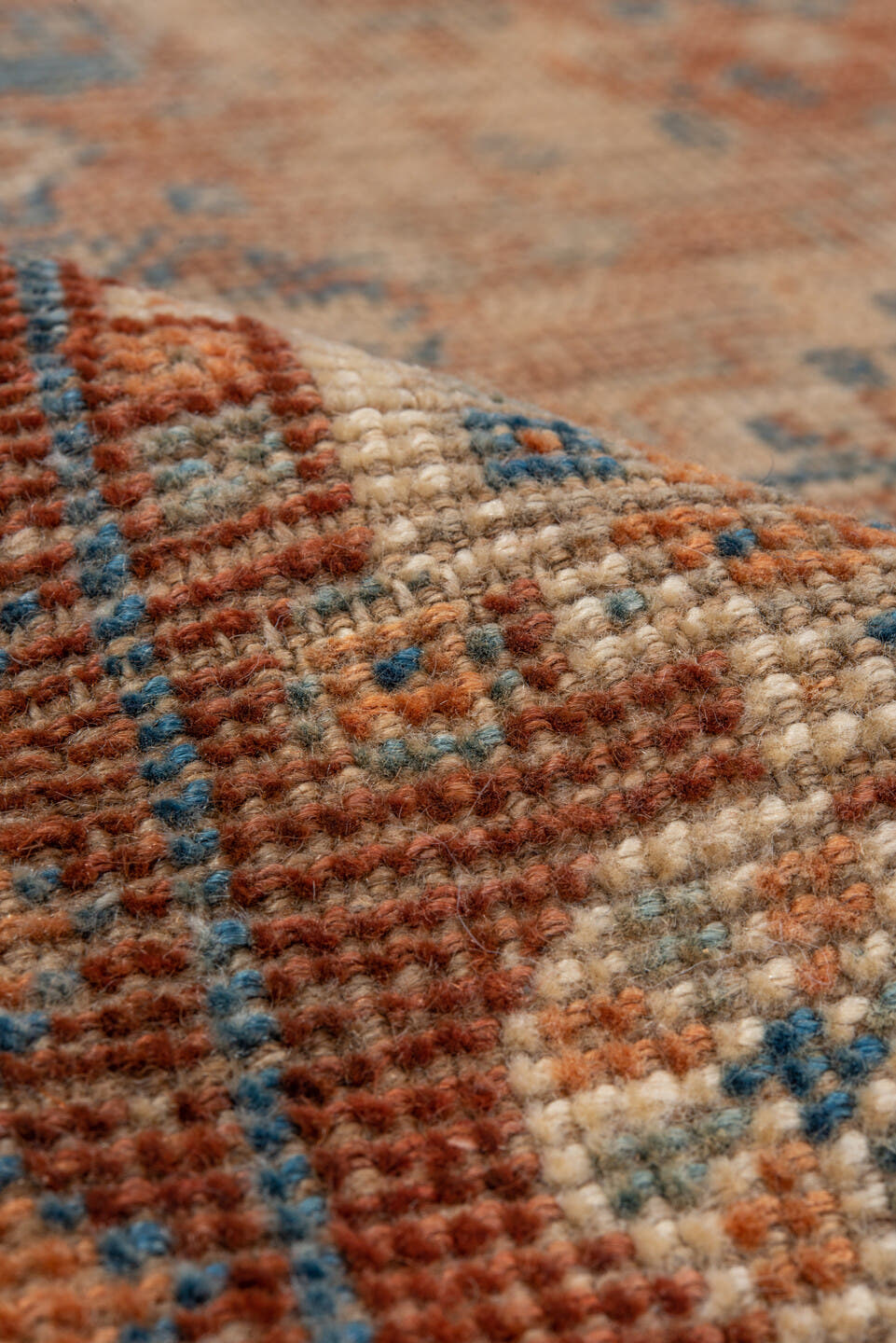 3' x 5' one-of-a-kind handmade vintage Shiraz small size rug. Color palette: terra cotta, ivory, sky blue, rust, beige