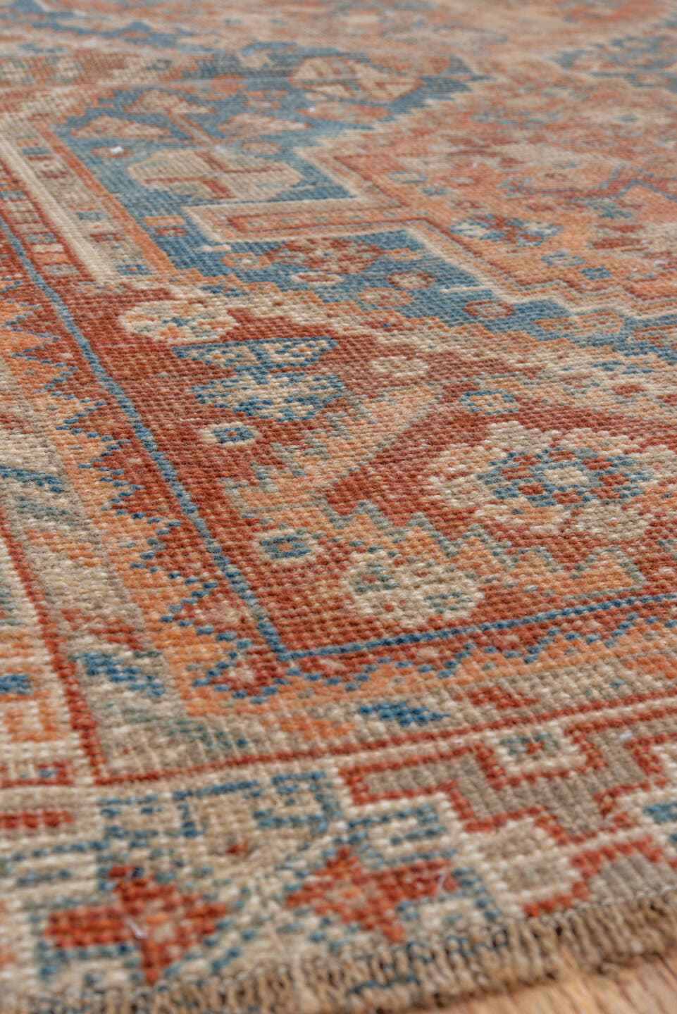 3' x 5' one-of-a-kind handmade vintage Shiraz small size rug. Color palette: terra cotta, ivory, sky blue, rust, beige