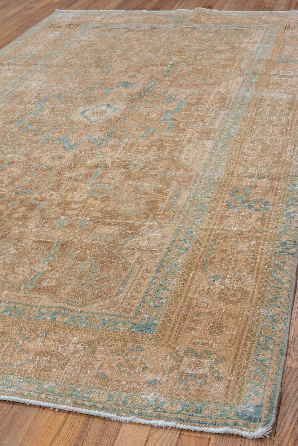 5' x 10' one-of-a-kind handmade vintage Malayer medium size rug. Color palette: tan, ivory, pale blue, taupe, camel, beige