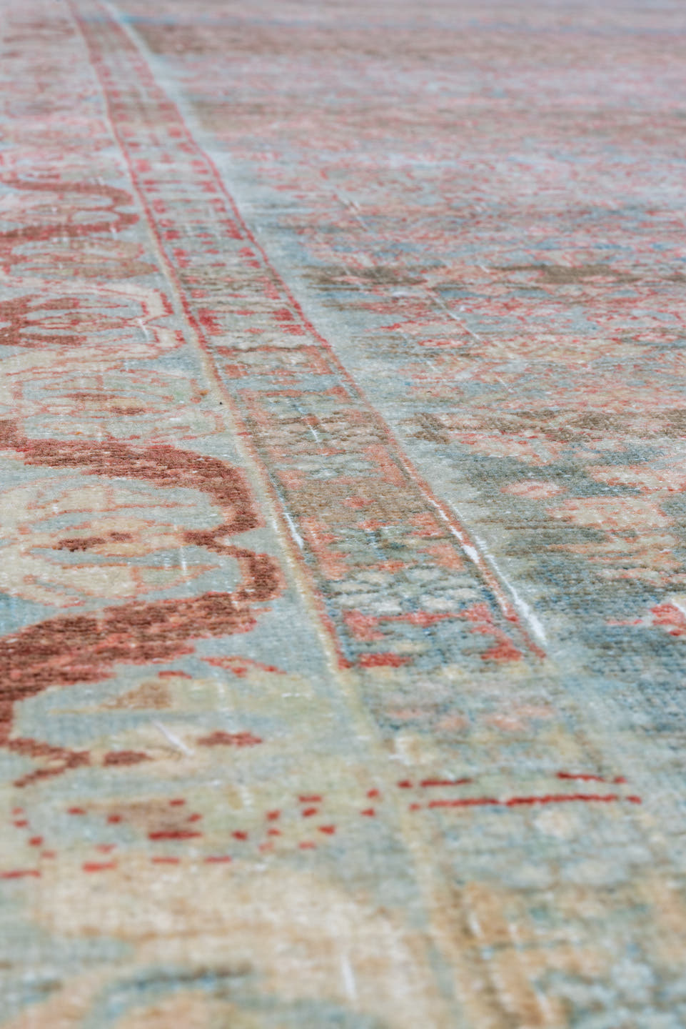 4' x 14' one-of-a-kind handmade vintage Bidjar runner rug. Color palette: sky blue, ivory, rust, taupe, brown, terracotta