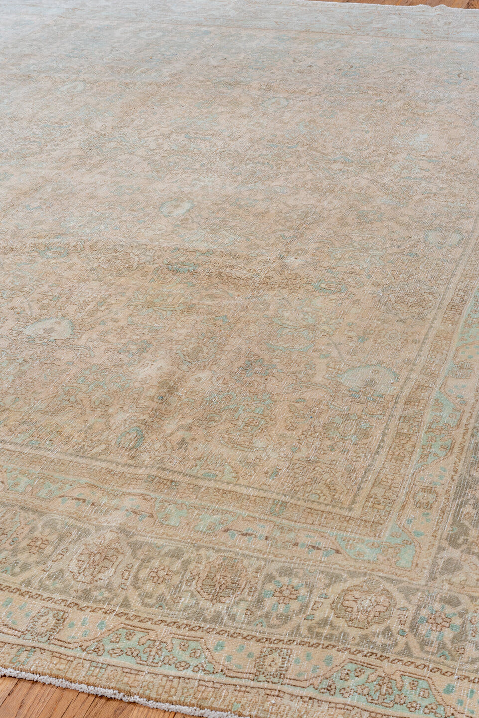 10' x 13' one-of-a-kind handmade vintage Bidjar large size rug. Color palette: beige, taupe, ivory, pale aqua, sand, camel