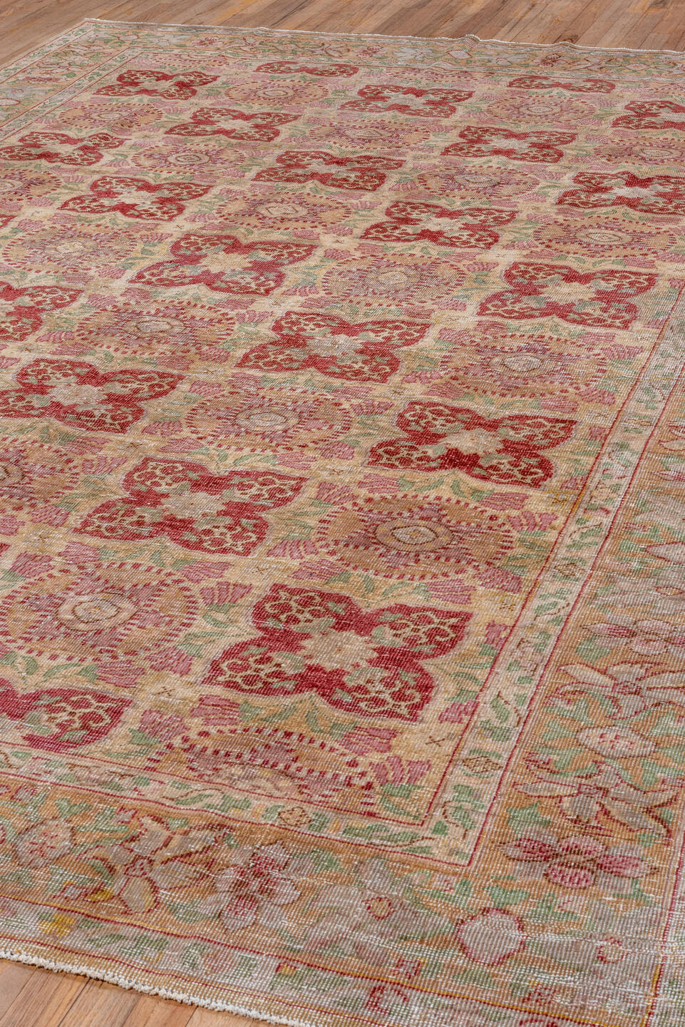 7' x 11' one-of-a-kind handmade vintage Oushak large size rug. Color palette: ivory, rose, sage, burgundy, blush, taupe