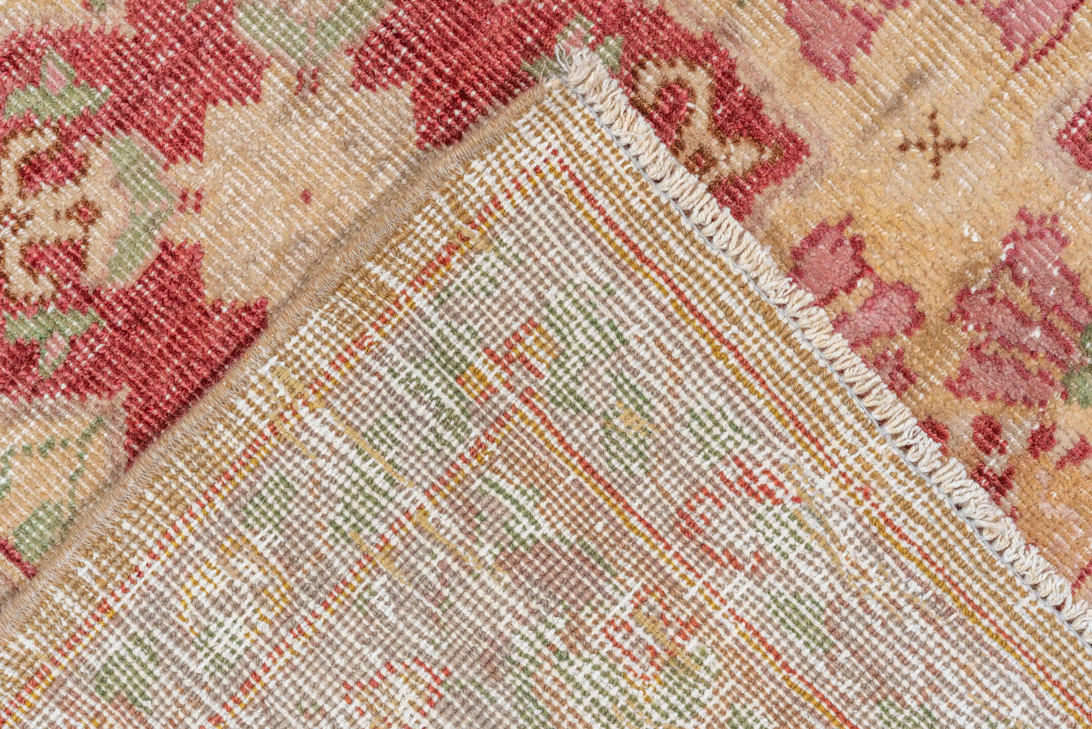7' x 11' one-of-a-kind handmade vintage Oushak large size rug. Color palette: ivory, rose, sage, burgundy, blush, taupe