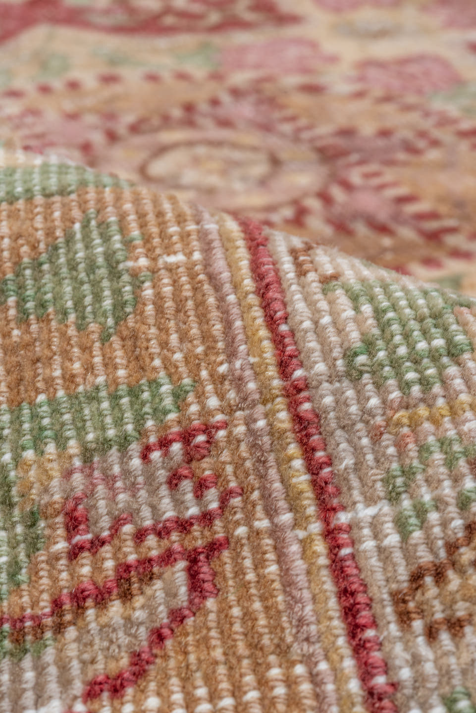 7' x 11' one-of-a-kind handmade vintage Oushak large size rug. Color palette: ivory, rose, sage, burgundy, blush, taupe