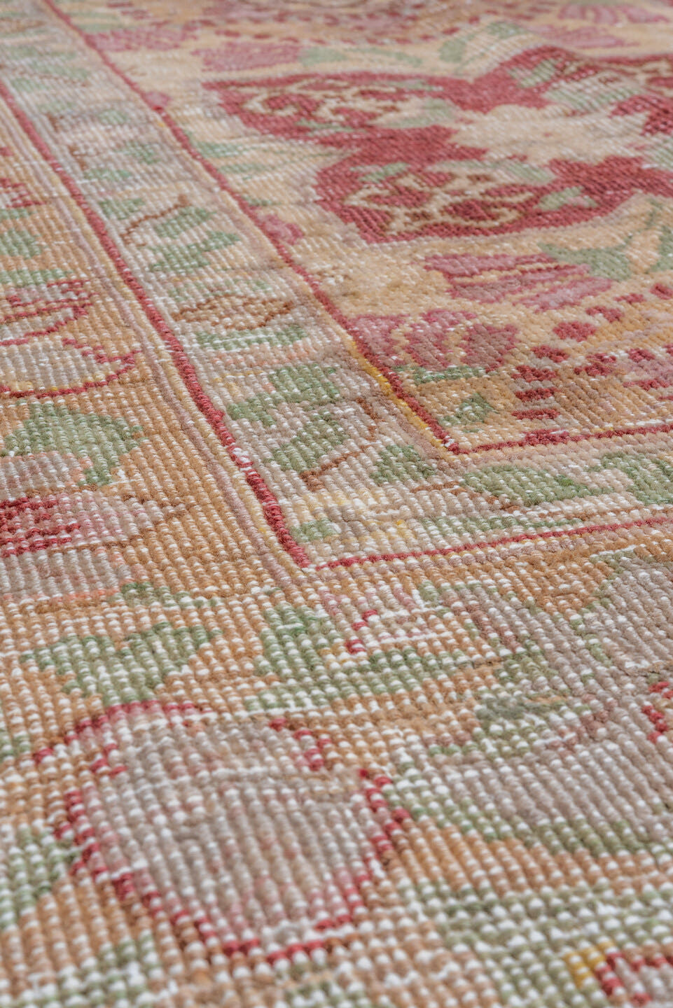 7' x 11' one-of-a-kind handmade vintage Oushak large size rug. Color palette: ivory, rose, sage, burgundy, blush, taupe