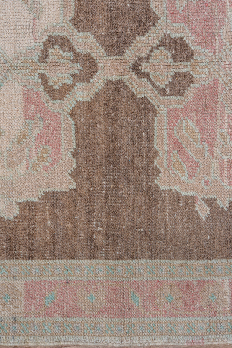 3' x 5' one-of-a-kind handmade vintage Oushak small size rug. Color palette: brown, ivory, taupe, blush, pale aqua, cream