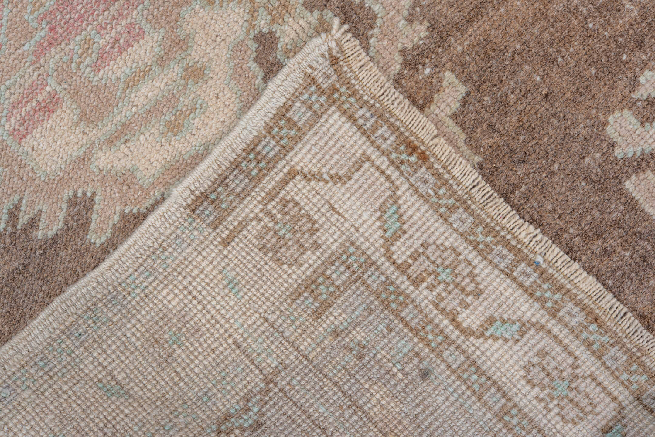 3' x 5' one-of-a-kind handmade vintage Oushak small size rug. Color palette: brown, ivory, taupe, blush, pale aqua, cream