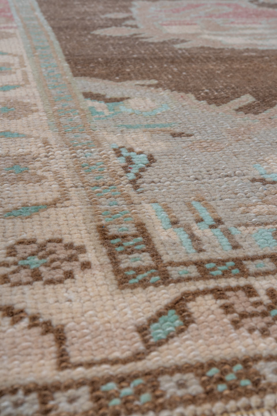 3' x 5' one-of-a-kind handmade vintage Oushak small size rug. Color palette: brown, ivory, taupe, blush, pale aqua, cream