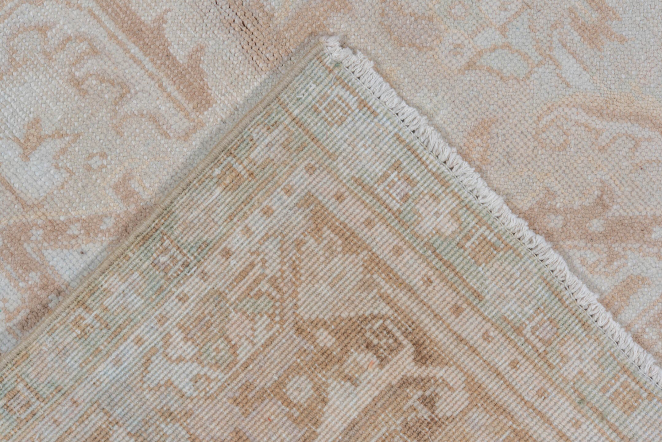 7' x 9' one-of-a-kind handmade vintage Heriz rug. Color palette: ivory, beige, taupe, camel, pale blue, gray, light blue