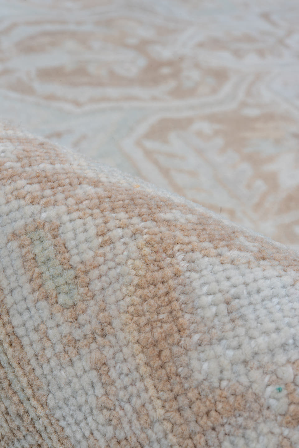 7' x 9' one-of-a-kind handmade vintage Heriz rug. Color palette: ivory, beige, taupe, camel, pale blue, gray, light blue