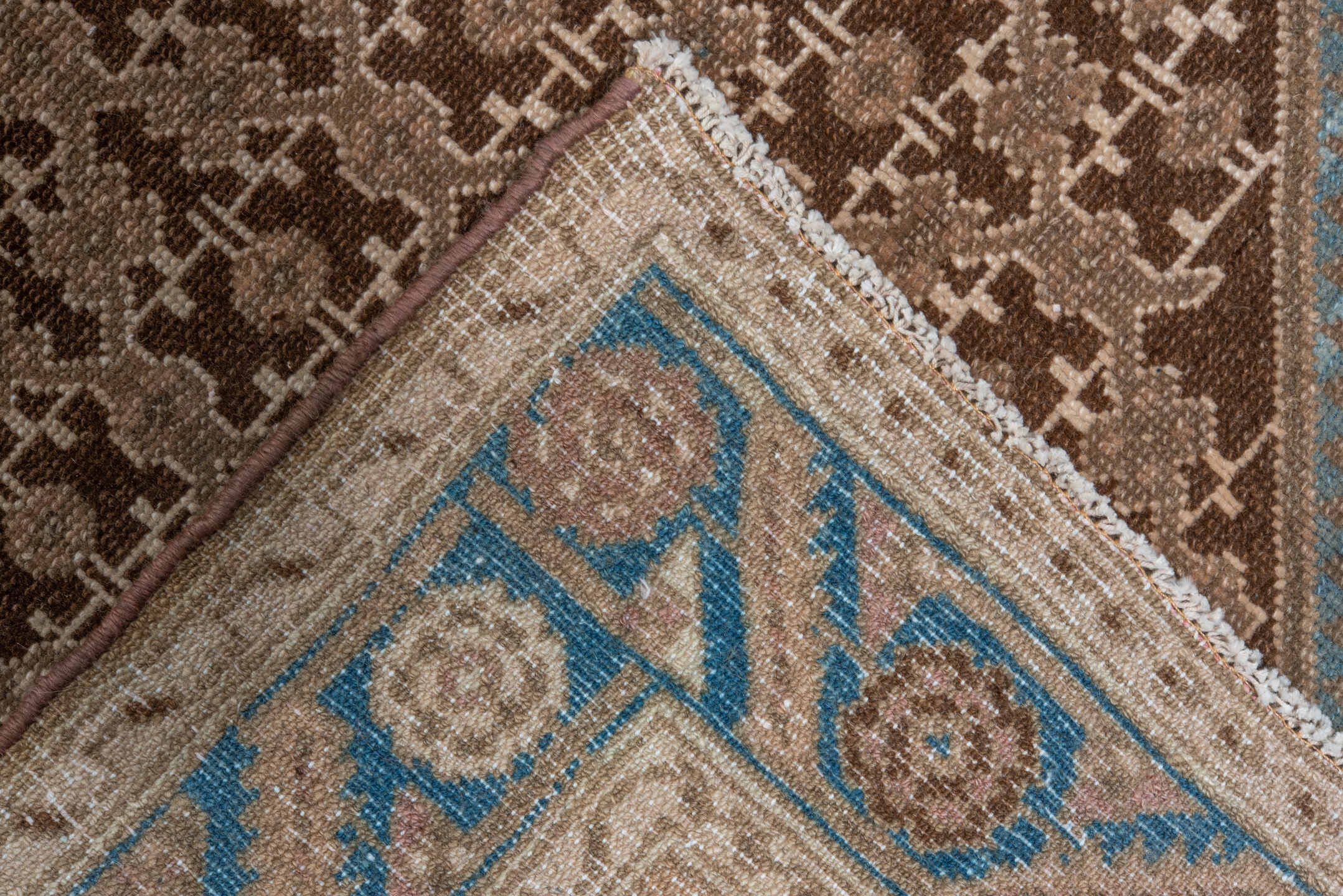 3' x 16' one-of-a-kind handmade vintage Malayer runner rug. Color palette: brown, taupe, sky_blue, camel, ivory, rust, beige