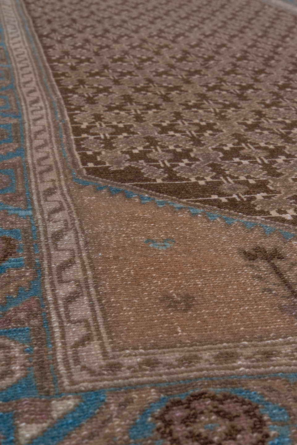 3' x 16' one-of-a-kind handmade vintage Malayer runner rug. Color palette: brown, taupe, sky_blue, camel, ivory, rust, beige