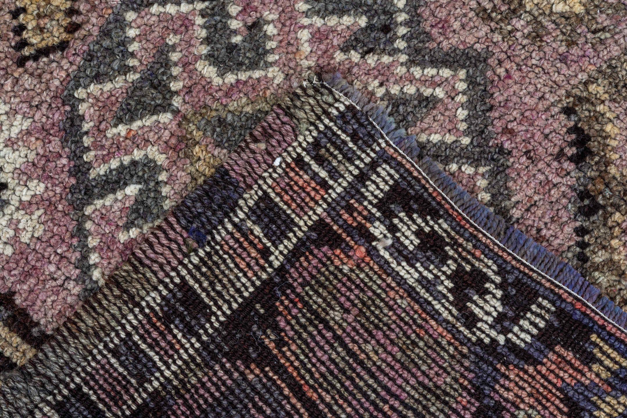 4' x 5' one-of-a-kind handmade vintage Kars small size rug. Color palette: black, brown, charcoal, gray, light gray, pink