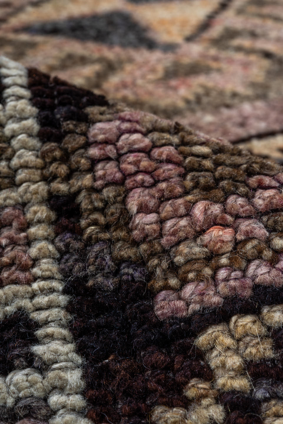 4' x 5' one-of-a-kind handmade vintage Kars small size rug. Color palette: rose, taupe, charcoal, ivory, gold, slate, mauve
