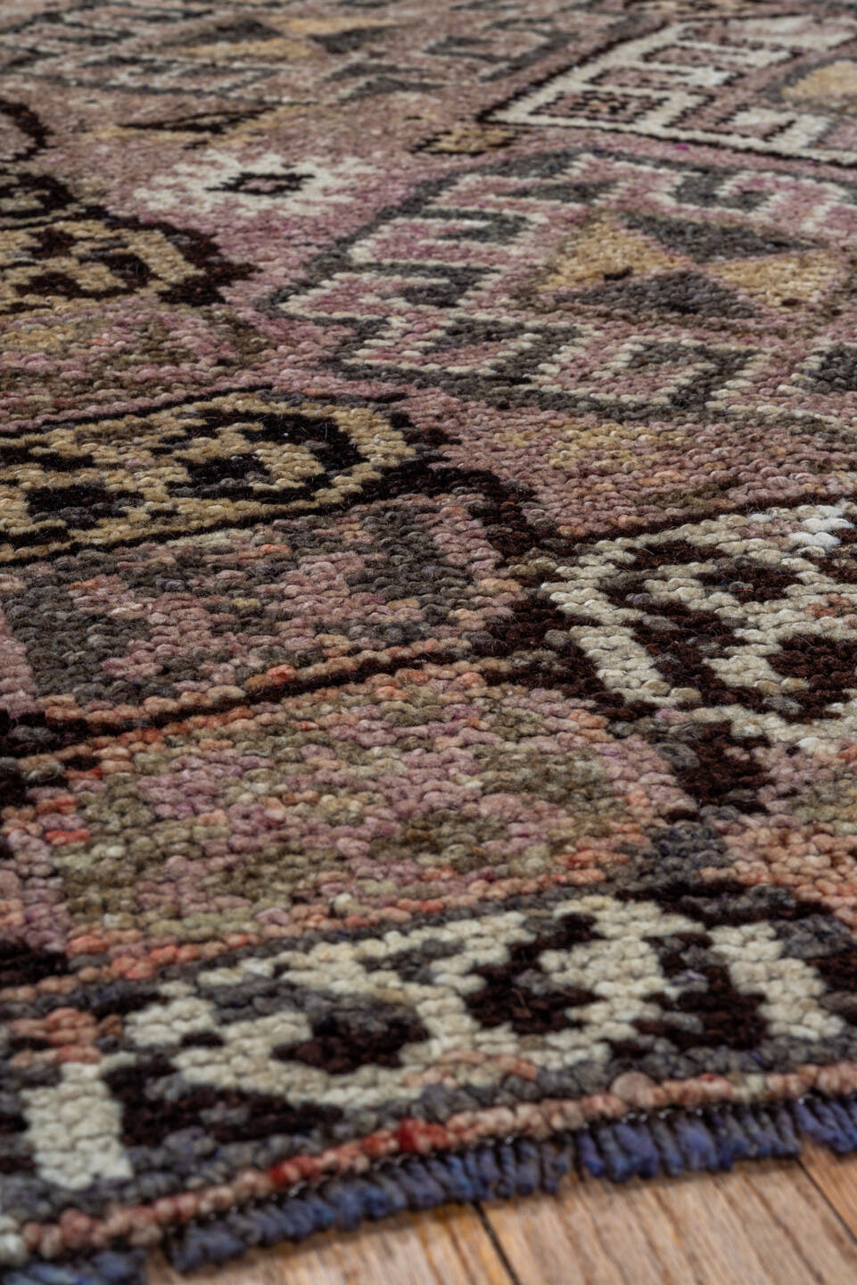4' x 5' one-of-a-kind handmade vintage Kars small size rug. Color palette: rose, taupe, charcoal, ivory, gold, slate, mauve