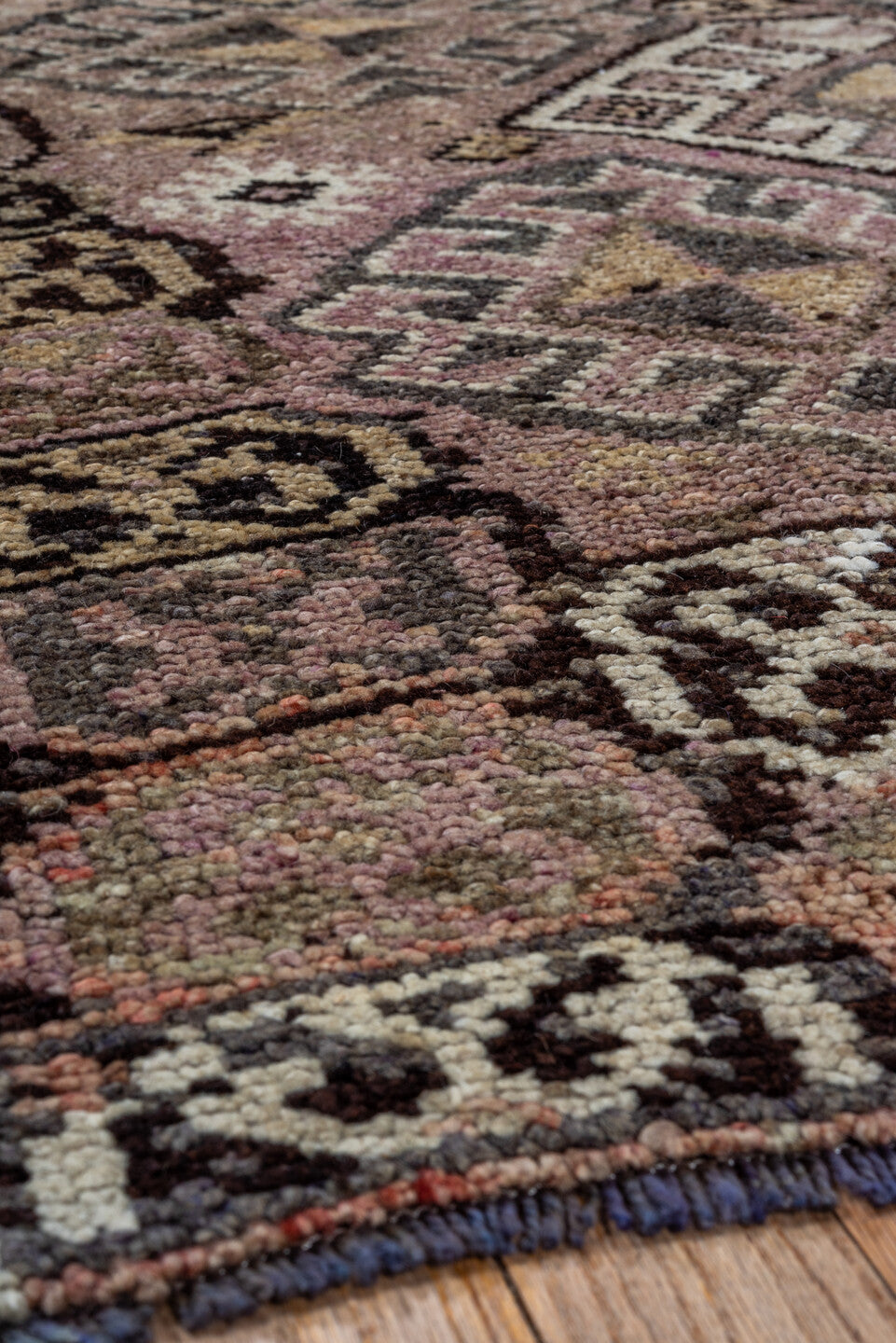 4' x 5' one-of-a-kind handmade vintage Kars small size rug. Color palette: black, brown, charcoal, gray, light gray, pink