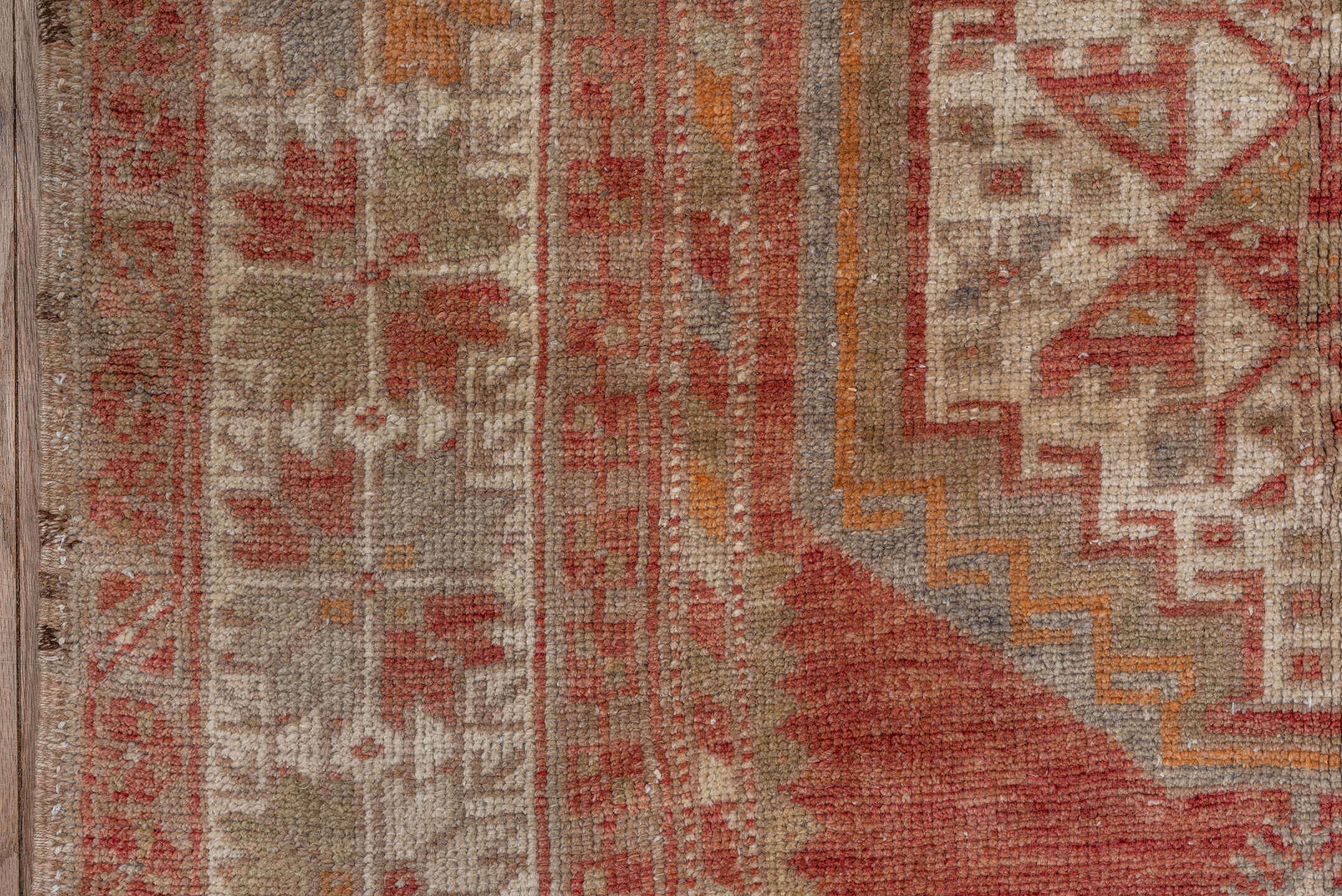 3' x 5' one-of-a-kind handmade vintage Kars small size rug. Color palette: ivory, coral, taupe, rust, saffron, rose
