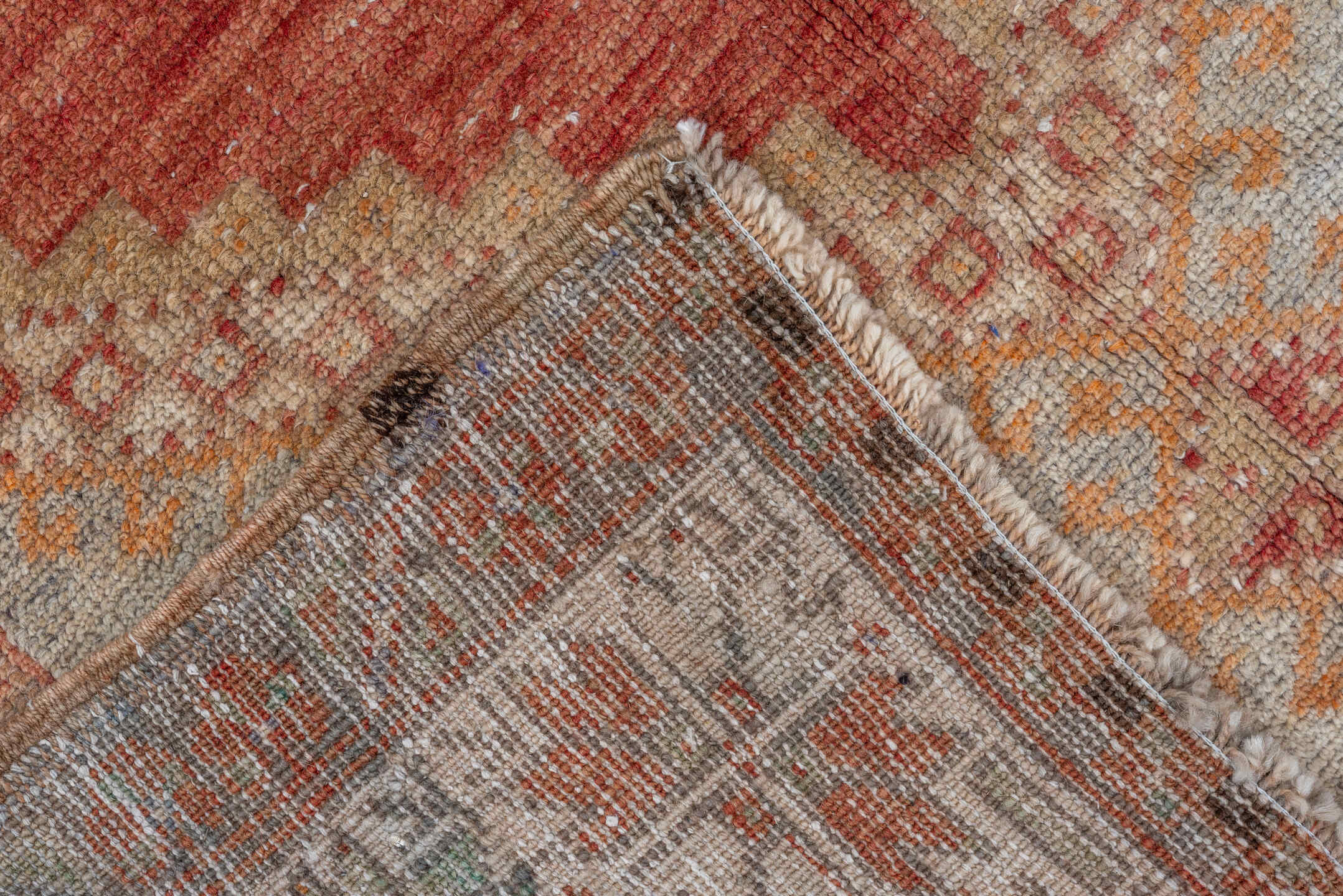 3' x 5' one-of-a-kind handmade vintage Kars small size rug. Color palette: ivory, coral, taupe, rust, saffron, rose
