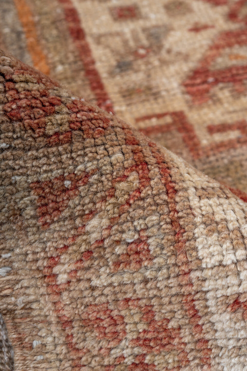 3' x 5' one-of-a-kind handmade vintage Kars small size rug. Color palette: ivory, coral, taupe, rust, saffron, rose