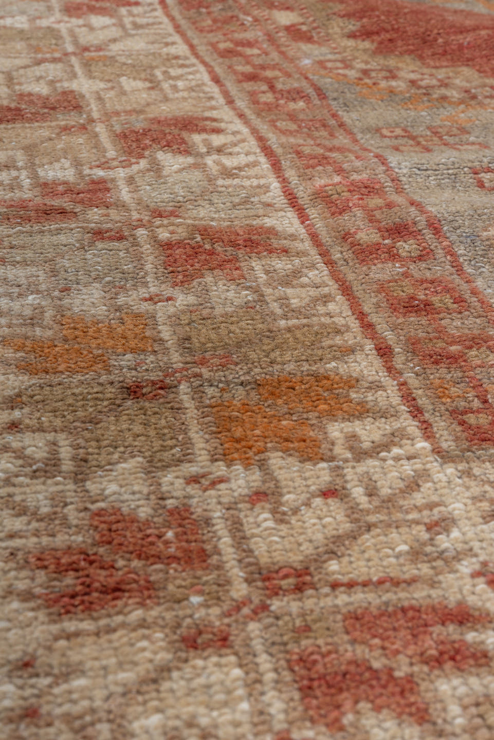 3' x 5' one-of-a-kind handmade vintage Kars small size rug. Color palette: ivory, coral, taupe, rust, saffron, rose