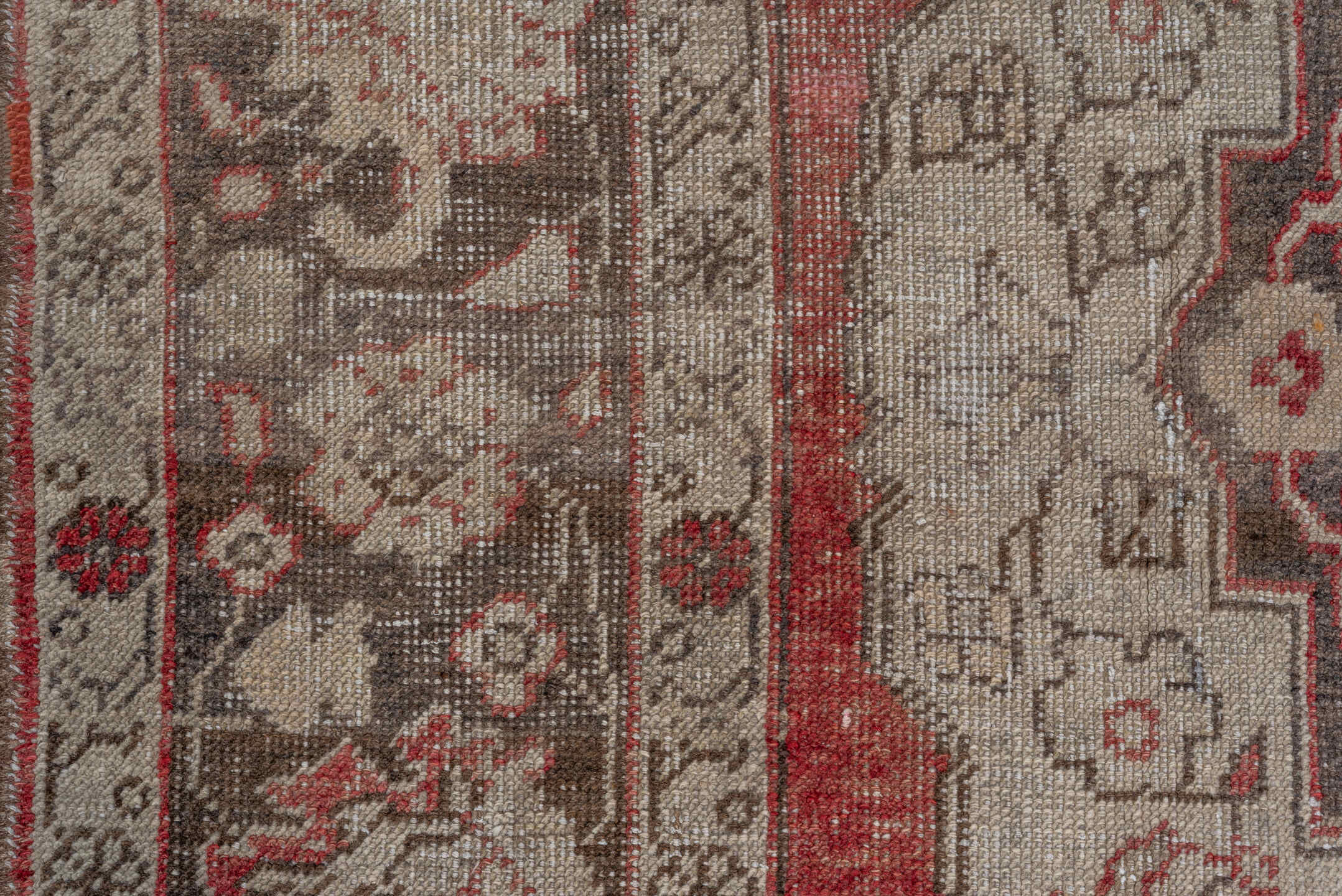 5' x 8' one-of-a-kind handmade vintage Oushak medium size rug. Color palette: ivory, coral, charcoal, taupe, rose