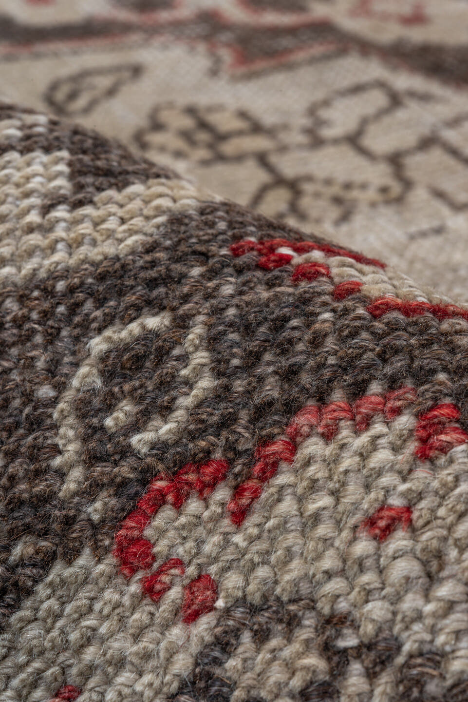 5' x 8' one-of-a-kind handmade vintage Oushak medium size rug. Color palette: ivory, coral, charcoal, taupe, rose