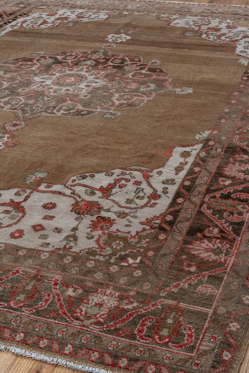 8' x 12' one-of-a-kind handmade vintage Oushak large size rug. Color palette: brown, gray, light gray, off-white, pink, red