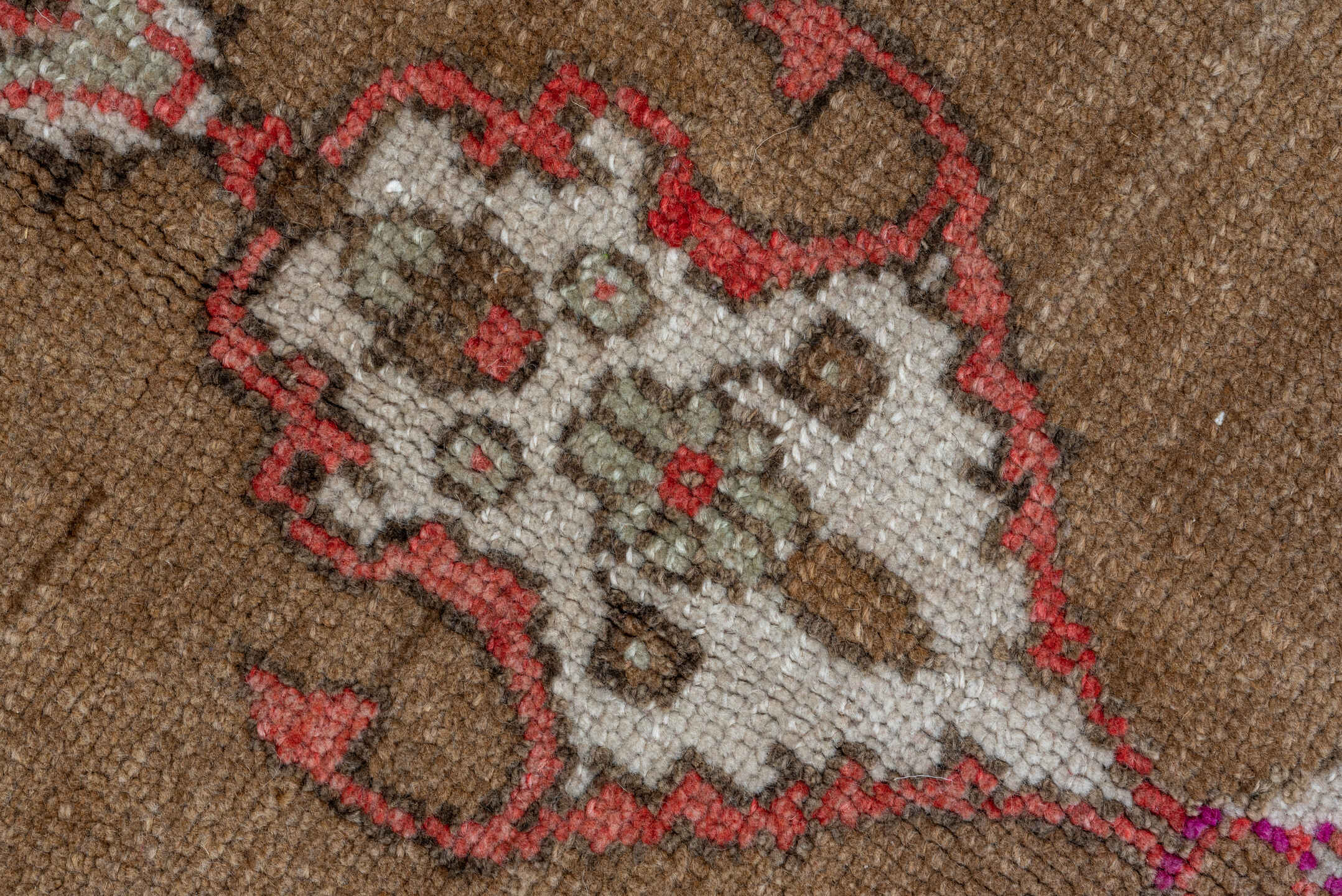 8' x 12' one-of-a-kind handmade vintage Oushak large size rug. Color palette: brown, gray, light gray, off-white, pink, red