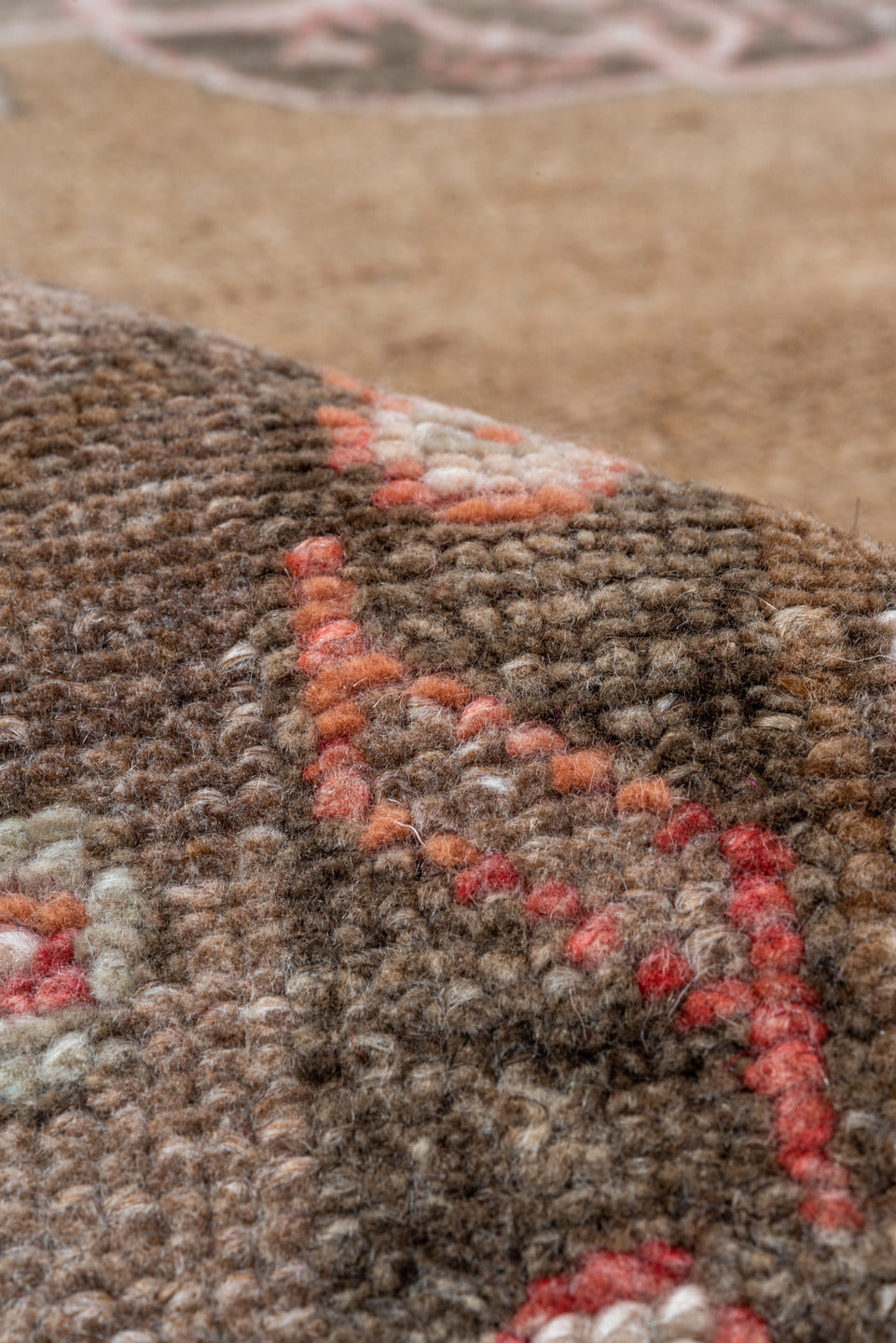 8' x 12' one-of-a-kind handmade vintage Oushak large size rug. Color palette: brown, gray, light gray, off-white, pink, red