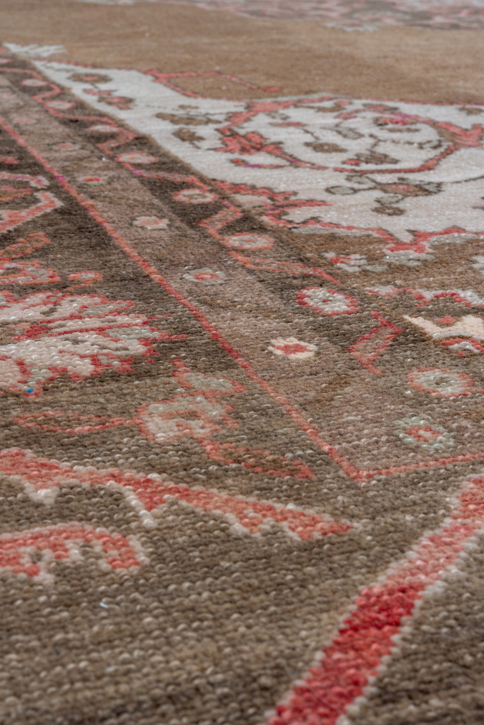 8' x 12' one-of-a-kind handmade vintage Oushak large size rug. Color palette: brown, gray, light gray, off-white, pink, red